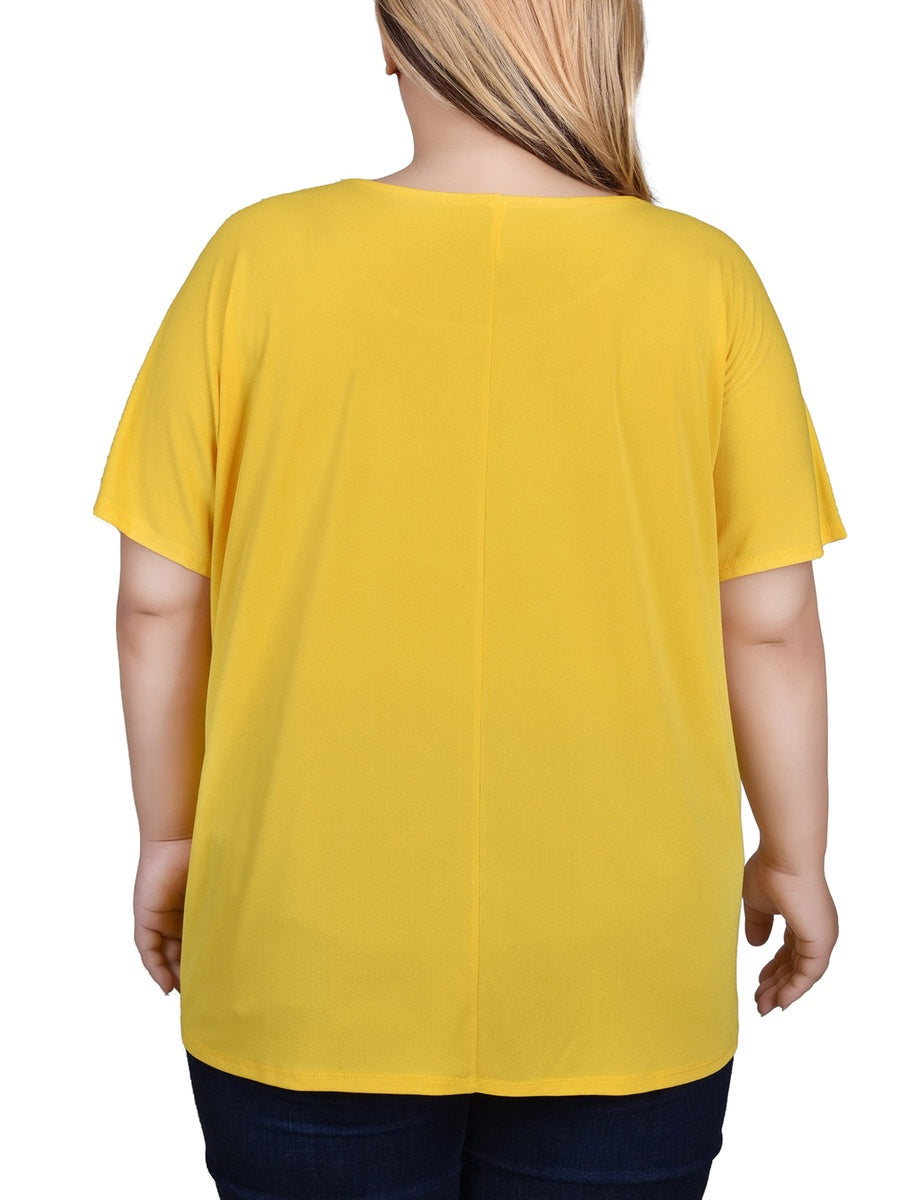  NY Collection Plus Size Short Sleeve Extended Sleeve Tunic Top - Magenta Pyramid - Bonton