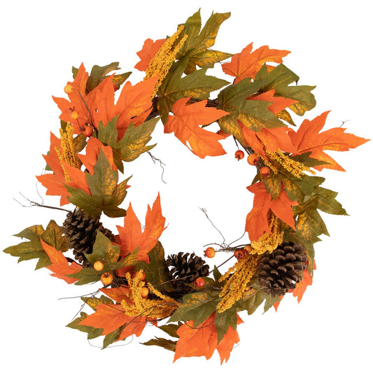 Leaves  Pinecones and Berries Artificial Fall Harvest Wreath  24-Inch  Unlit