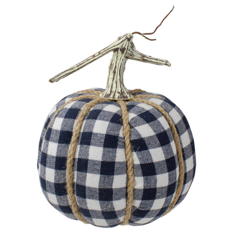 Plaid Fall Harvest Pumpkin With Weathered Stem - 7.75" - Dark Blue and White