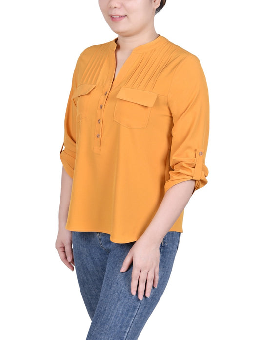 Long Tab-Sleeve Blouse With Pockets