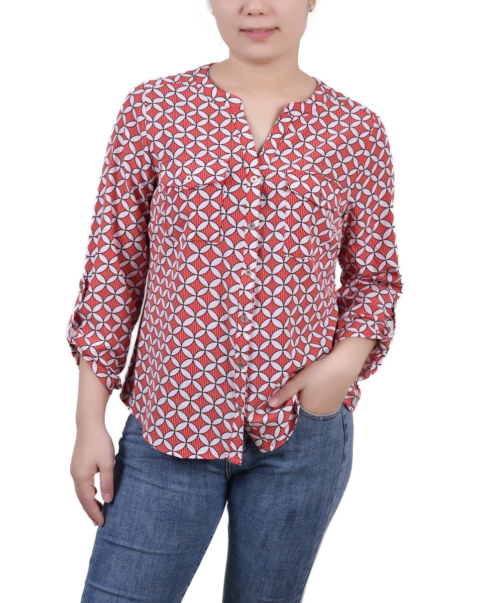  NY Collection Petite 3/4 Sleeve Roll Tab Y Neck Blouse - Black White Abstract - Bonton