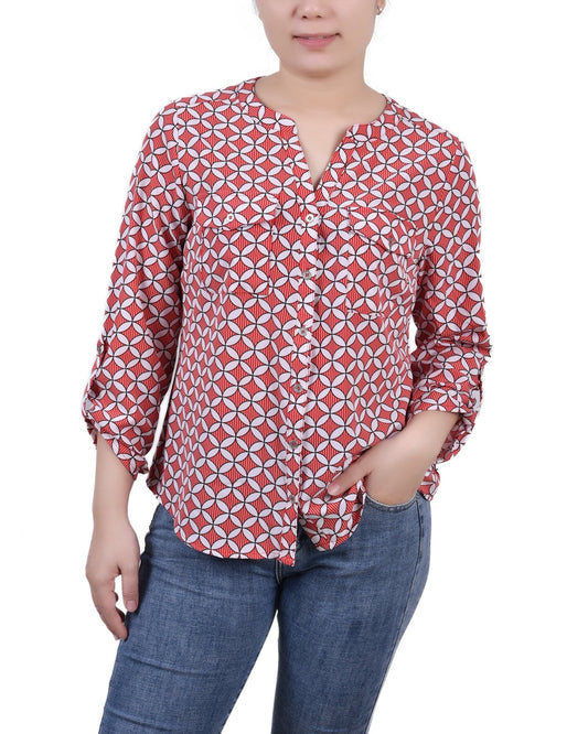 Petite 3/4 Sleeve Roll Tab Y Neck Blouse