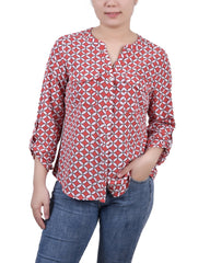 Petite 3/4 Sleeve Roll Tab Y Neck Blouse