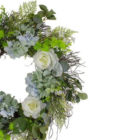 Hydrangea  Rose and Geranium Artificial Floral Spring Wreath  White and Blue - 24-Inch