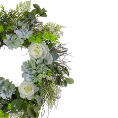 Hydrangea  Rose and Geranium Artificial Floral Spring Wreath  White and Blue - 24-Inch