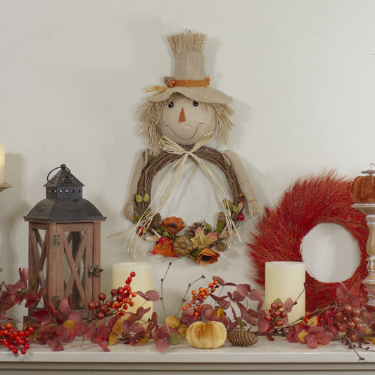 20" Tan and Orange Fall Harvest Scarecrow Wreath Wall Decor