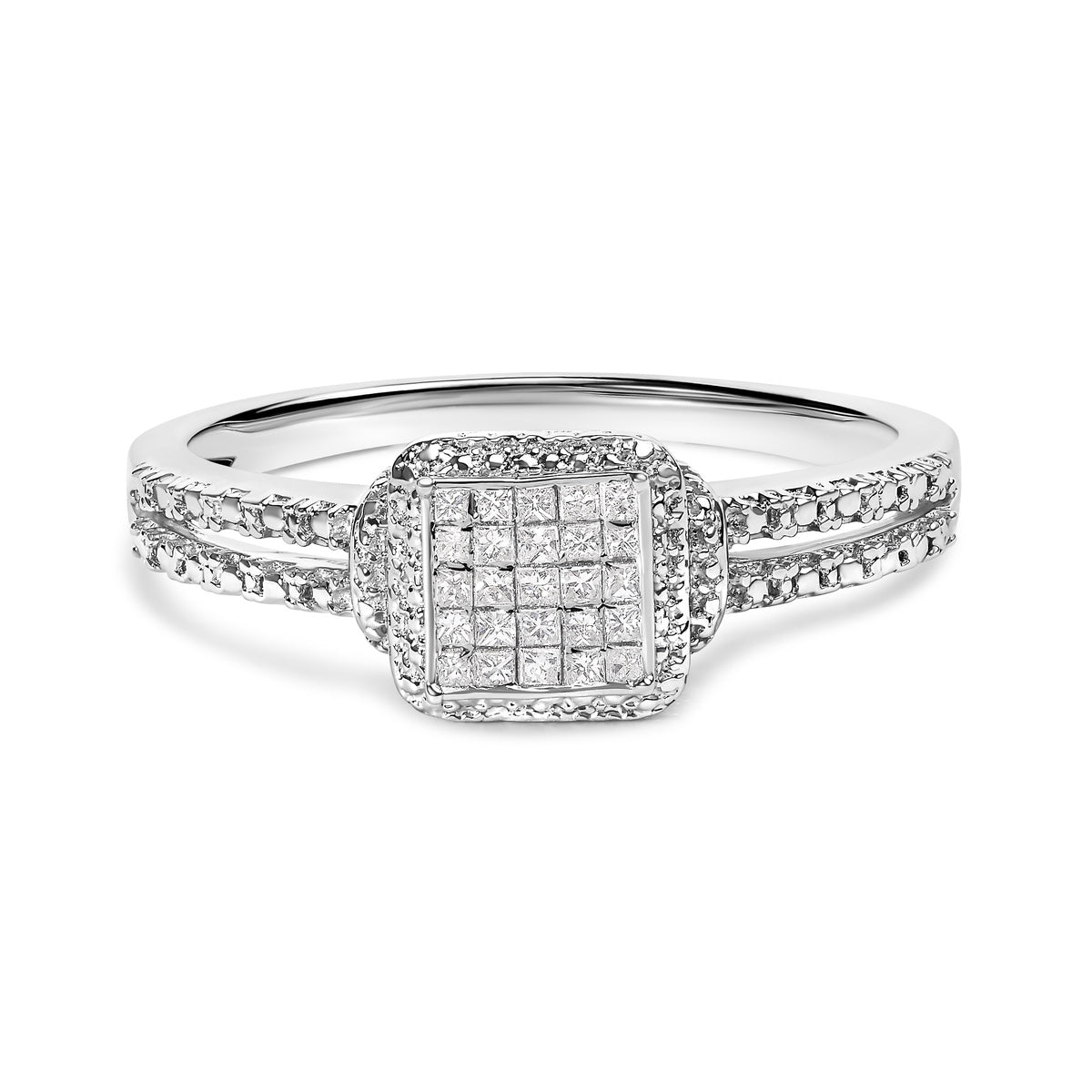  Haus of Brilliance .925 Sterling Silver 1/4 Cttw Princess-Cut Diamond Composite Ring With Beaded Halo (H-I Color, SI1-SI2 Clarity) - Size 12 - 12 - Bonton