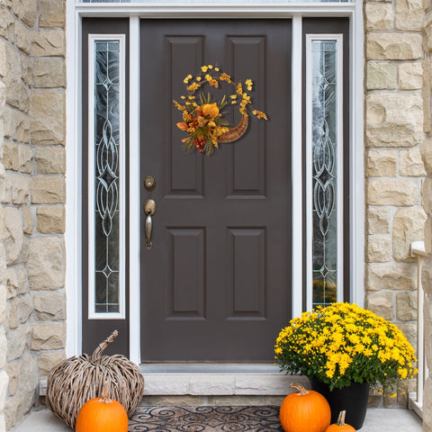 Autumn Leaves With Berries Artificial Fall Harvest Cornucopia Wreath  18-Inch  Unlit