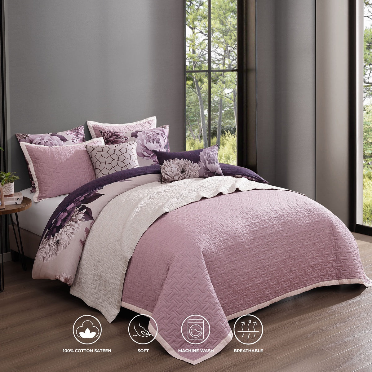  Bebejan Bebejan Plum Petal 8 Piece Reversible Comforter & Coverlet Set - QUEEN - Bonton