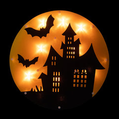 Lighted Haunted House Halloween Window Silhouette - 13.75" - Clear Lights