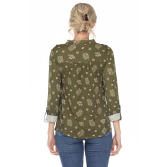 Women's Pleated Long Sleeve Leaf Print Blouse