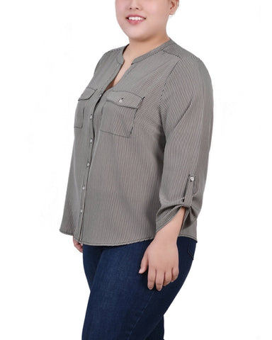Plus Size 3/4 Roll Tab Sleeve Y-Neck Blouse