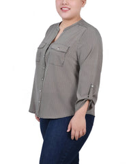 Plus Size 3/4 Roll Tab Sleeve Y-Neck Blouse