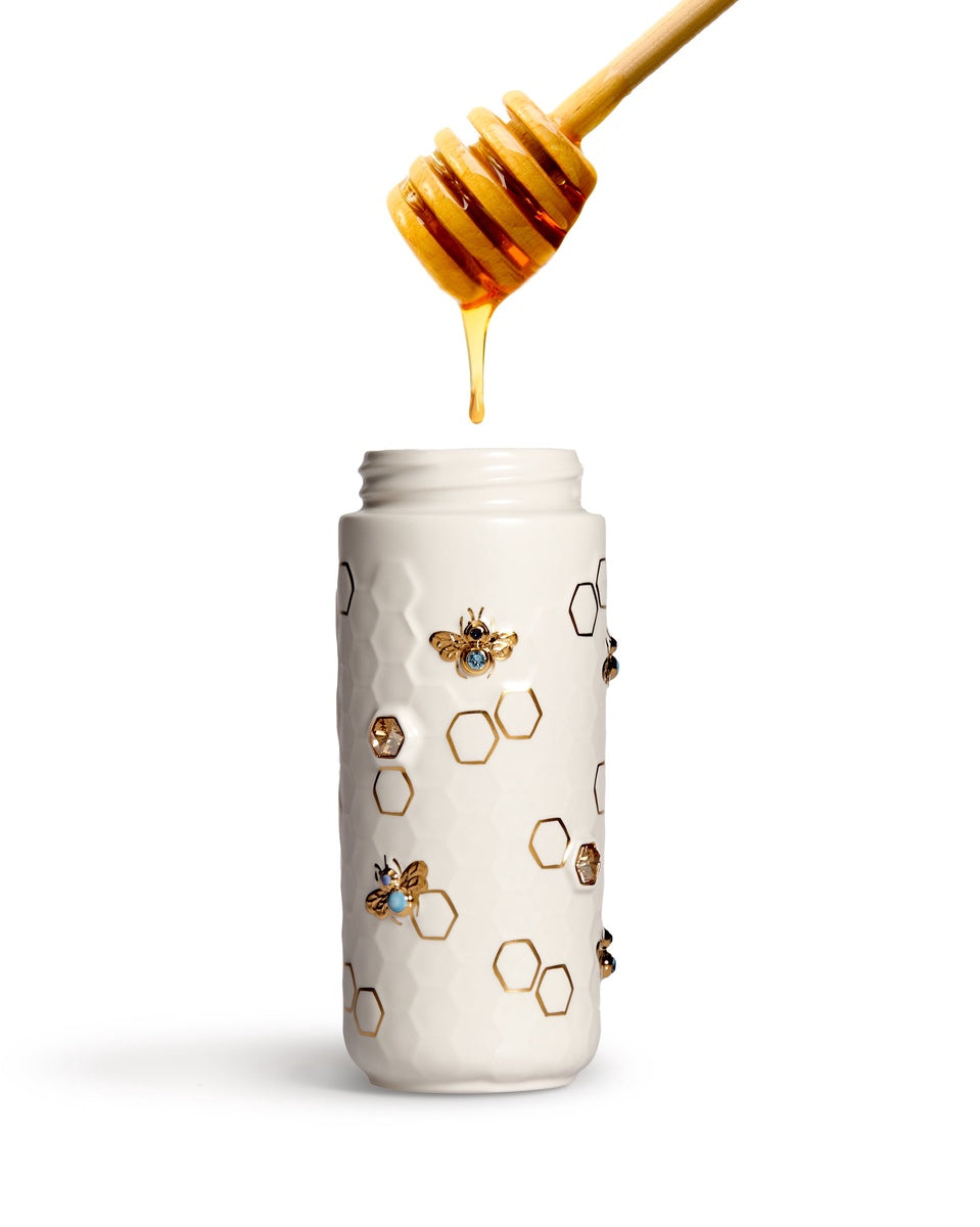  Acera Honey Bee Travel Mug With Crystals - Matte Blue and Hand Painted Gold Bees with Crystals - Bonton