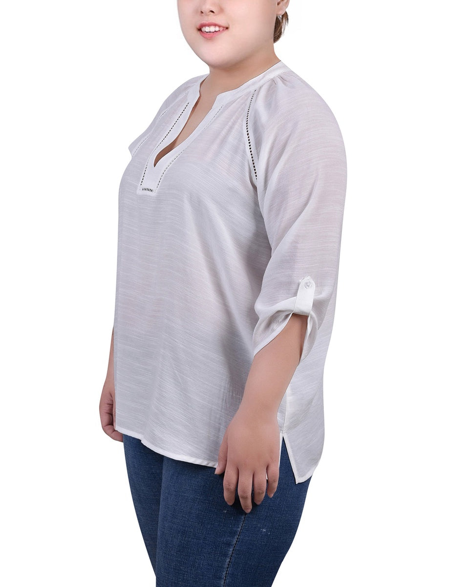  NY Collection Plus Size Raglan Sleeve Split Neck Blouse - Black - Bonton