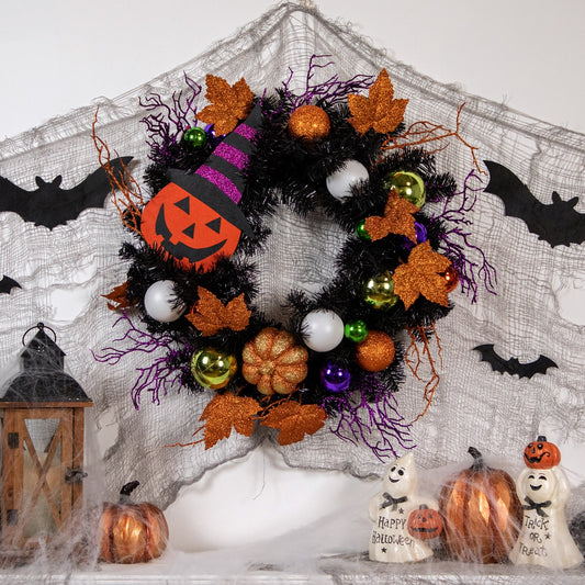 Jack-O-Lantern in Witches Hat Halloween Pine Wreath  24-Inch  Unlit