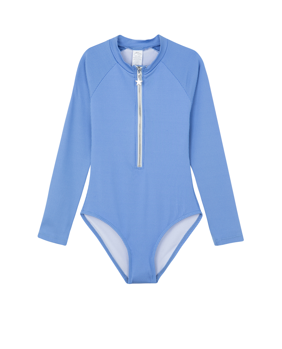  Gottex Kids Summer Rib Textured Long Sleeve Zip Front One Piece - Blue - Bonton