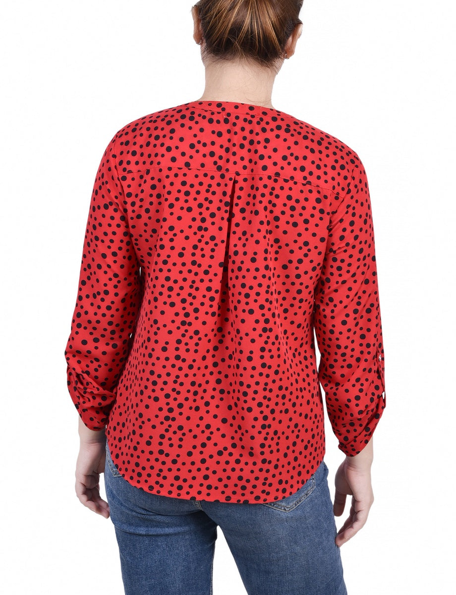  NY Collection Petite 3/4 Sleeve Roll Tab Y Neck Blouse - Black White Abstract - Bonton
