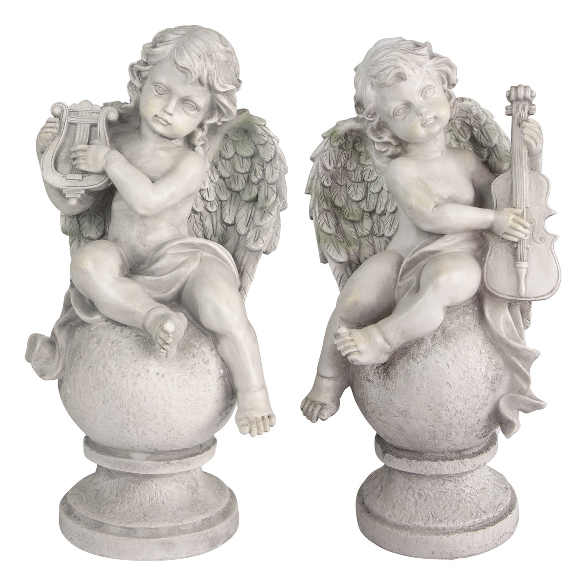  Northlight Set of 2 Cherub Angels With Violin and Harp on Finials Outdoor Garden Statues 15.25
