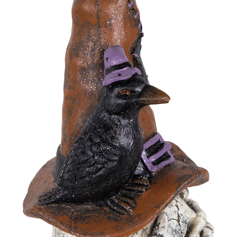 Skull in Witches Hat With Crow Halloween Decoration - 22.75"