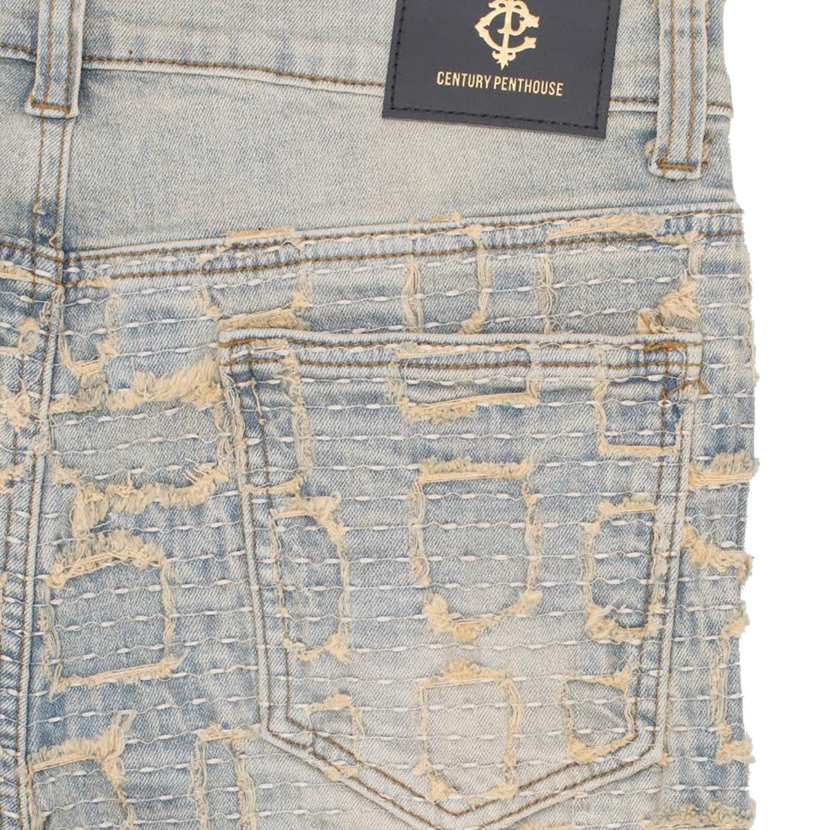  Barocco Patchwork Distressed Denim Jeans - Century Penthouse TAN - TAN - Bonton