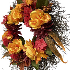 Peony and Mum Artificial Fall Harvest Wreath  24-Inch