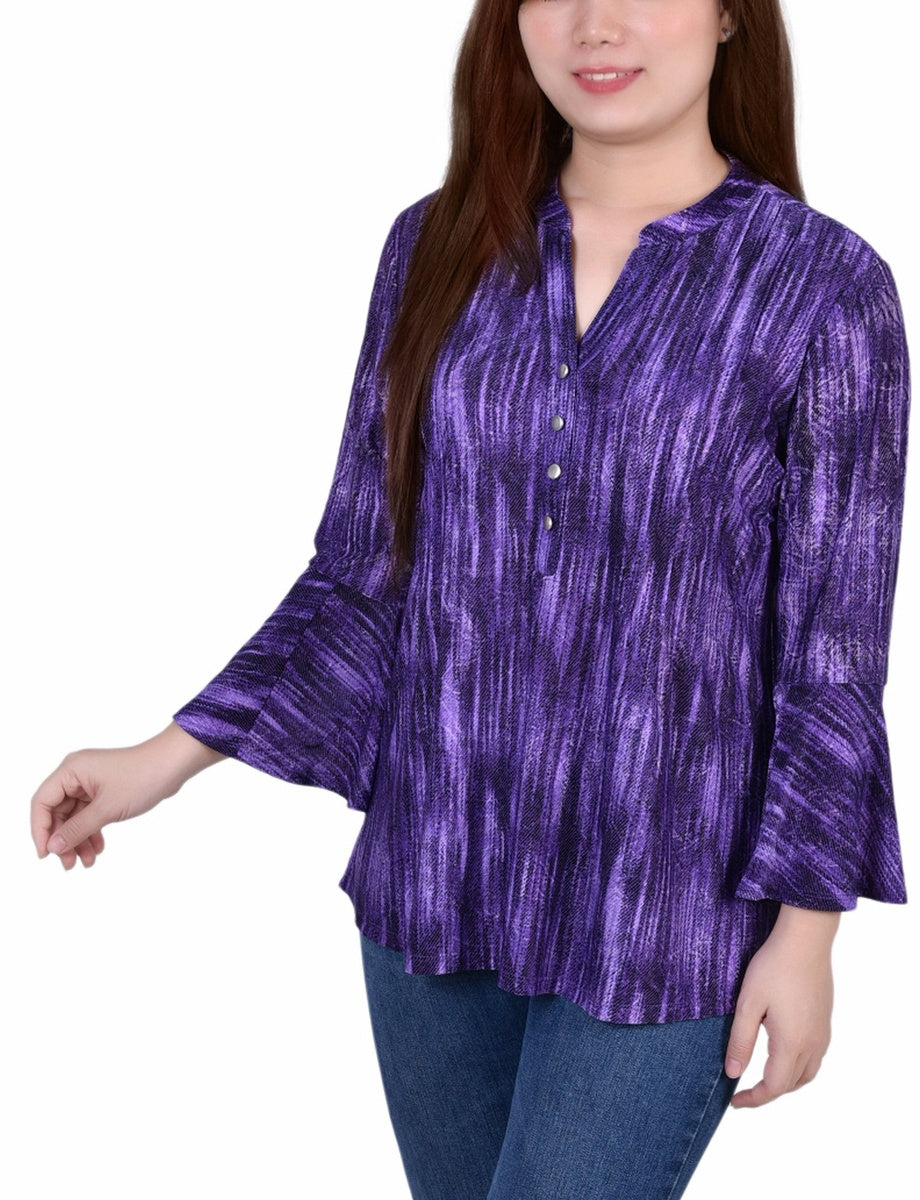  NY Collection 3/4 Bell Sleeve Pleat Front Y Neck Top - Mauve Tie Dye - Bonton