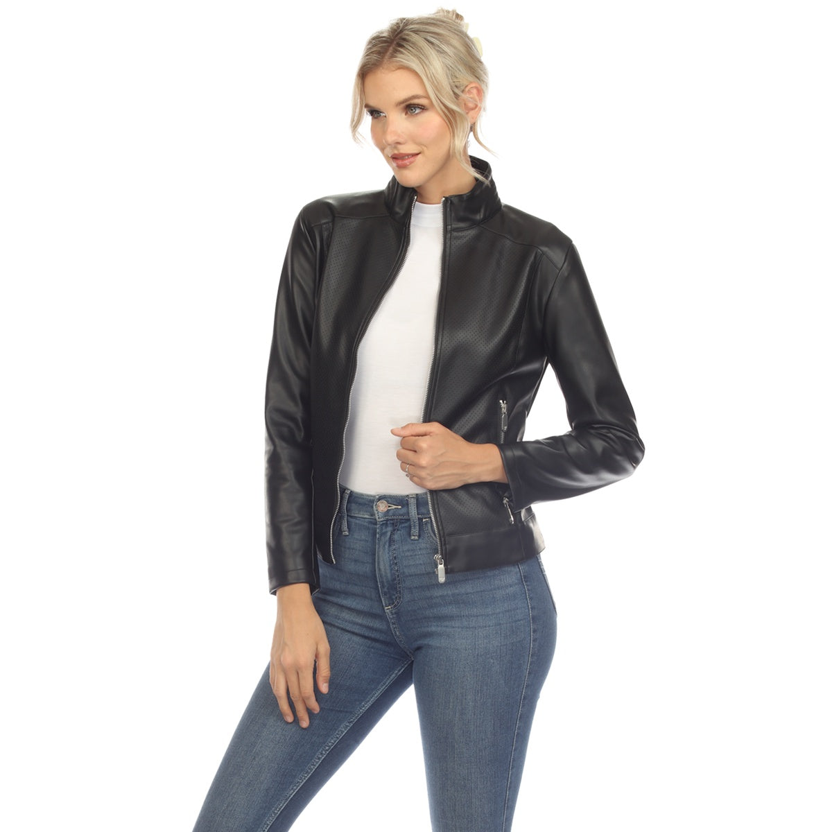  White Mark Women's Classic Biker Faux Leather Jacket - Small - Bonton