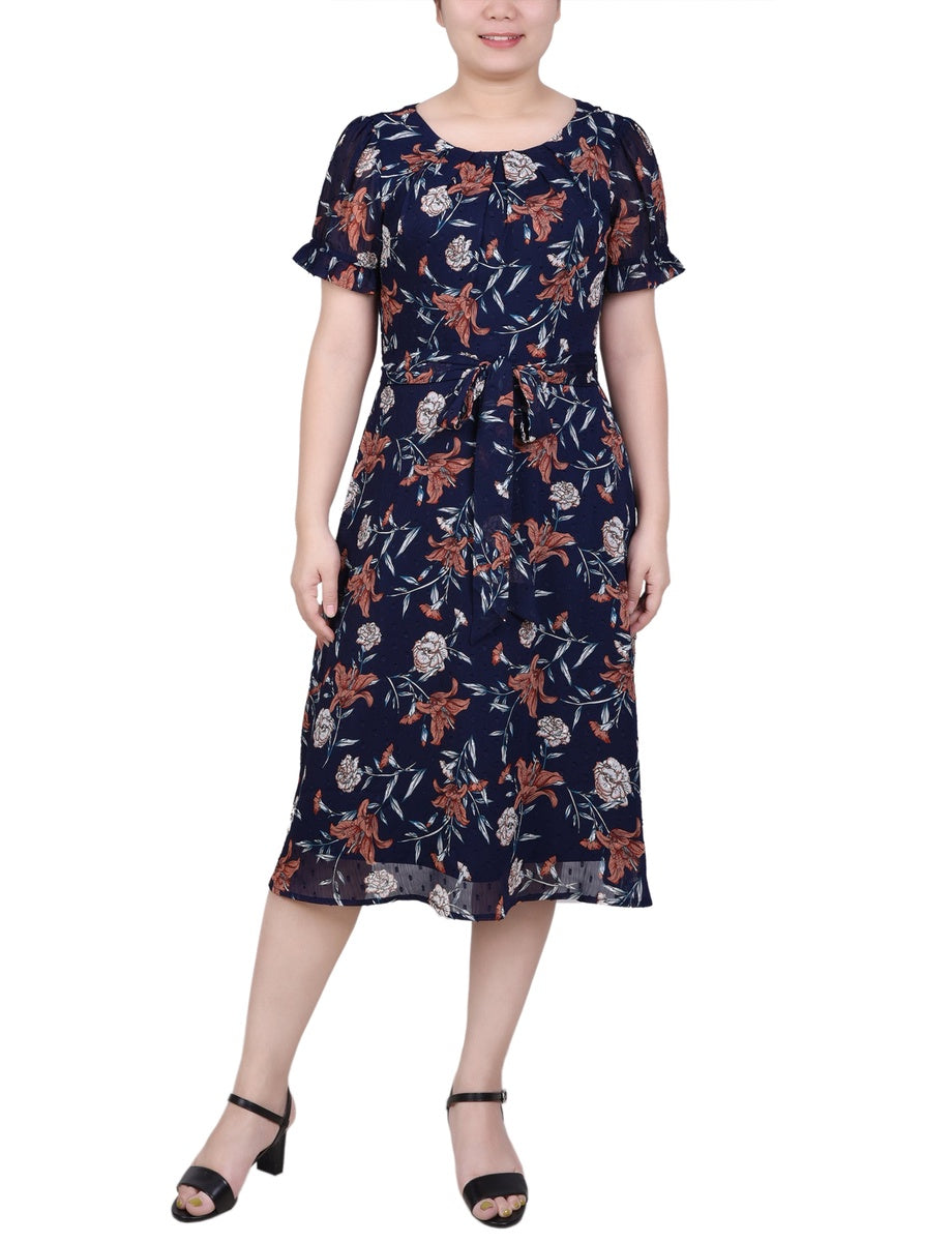  NY Collection Short Sleeve Belted Swiss Dot Dress - Mellow Rose Rectangle - Bonton