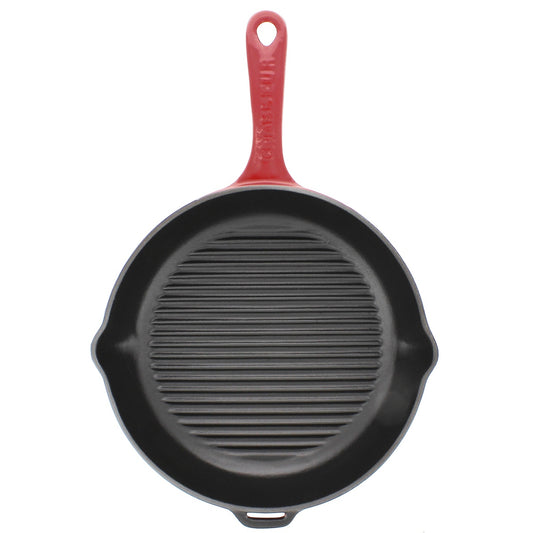 French Round Enameled Cast Iron Grill Pan, 10-Inch, Red