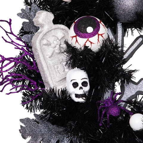 Purple and Black Spooky Skeleton Pine Halloween Wreath  24-Inch  Unlit