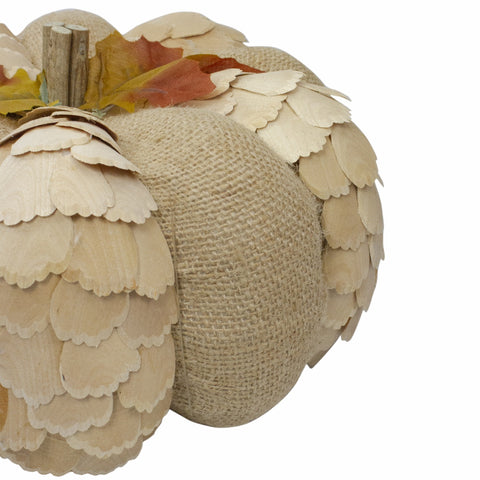 Autumn Harvest Burlap and Wood Pumpkin Decoration - 9" - Tan