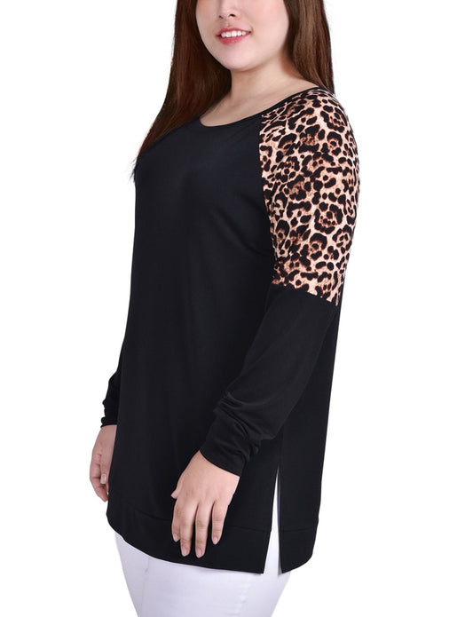 Plus Size Long Raglan Sleeve Top With Animal Print Insets