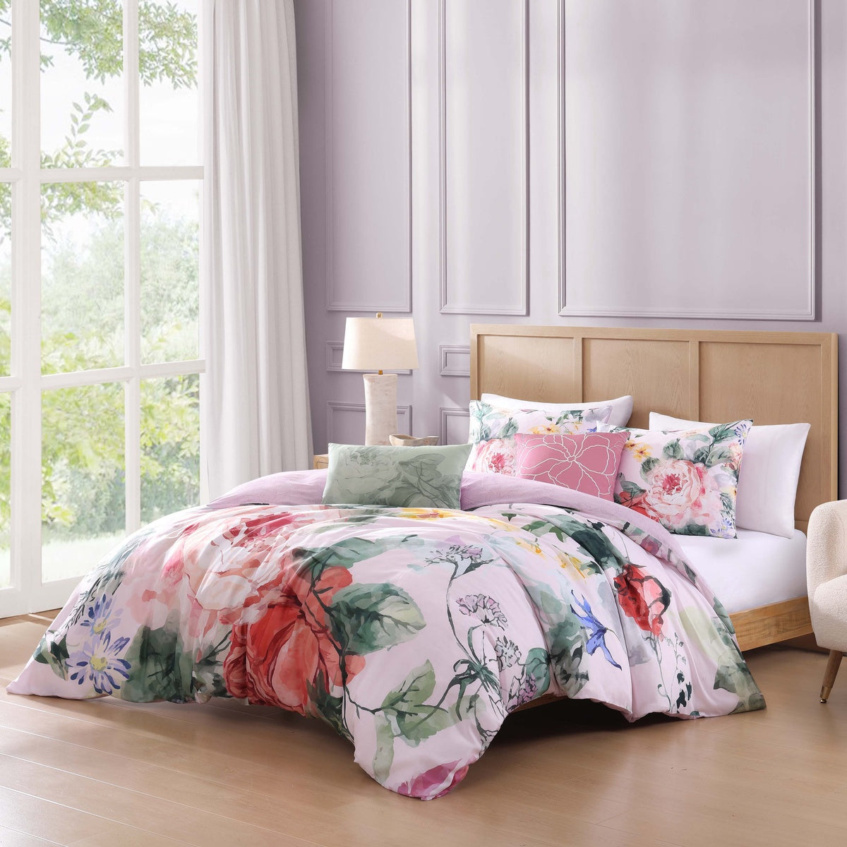  Bebejan Cool Pink Roses 5 Piece Reversible Comforter Set - King - Bonton