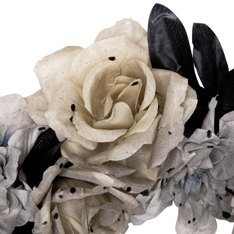 Double Skull and Gray Roses Halloween Wreath  16-Inch  Unlit