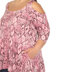 Plus Size Snake Print Cold Shoulder Tunic