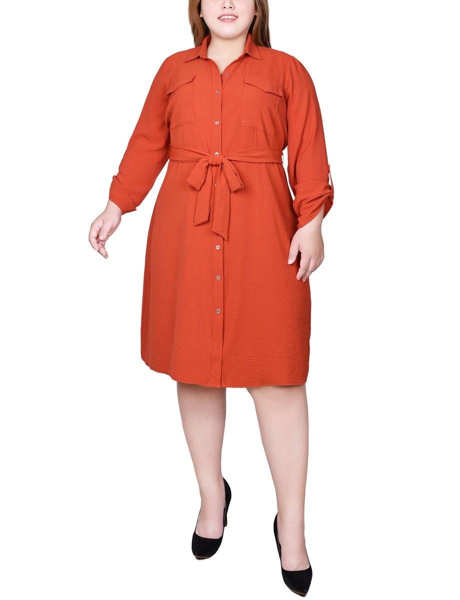  NY Collection Plus Size Long Roll Tab Sleeve Shirtdress - Burnt Olive - Bonton