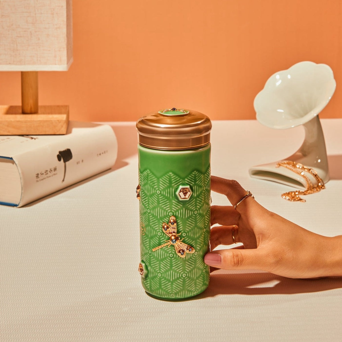  Acera Dragonfly Serenity Travel Mug With Crystals - White and Hand Painted Gold with Crystals - Bonton