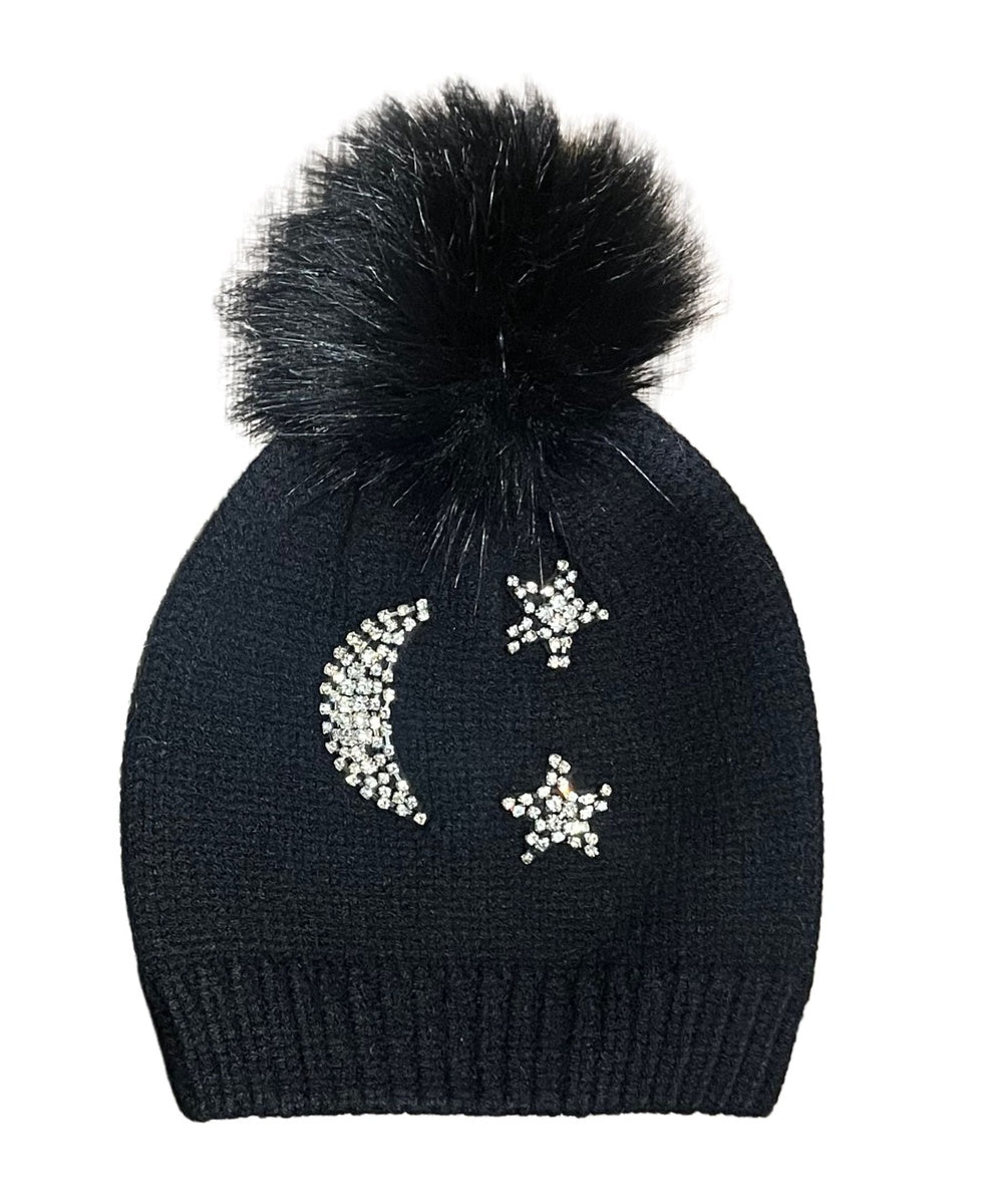  Marcus Adler Rhinestone Moon and Stars Pom Beanie - S/M - Bonton