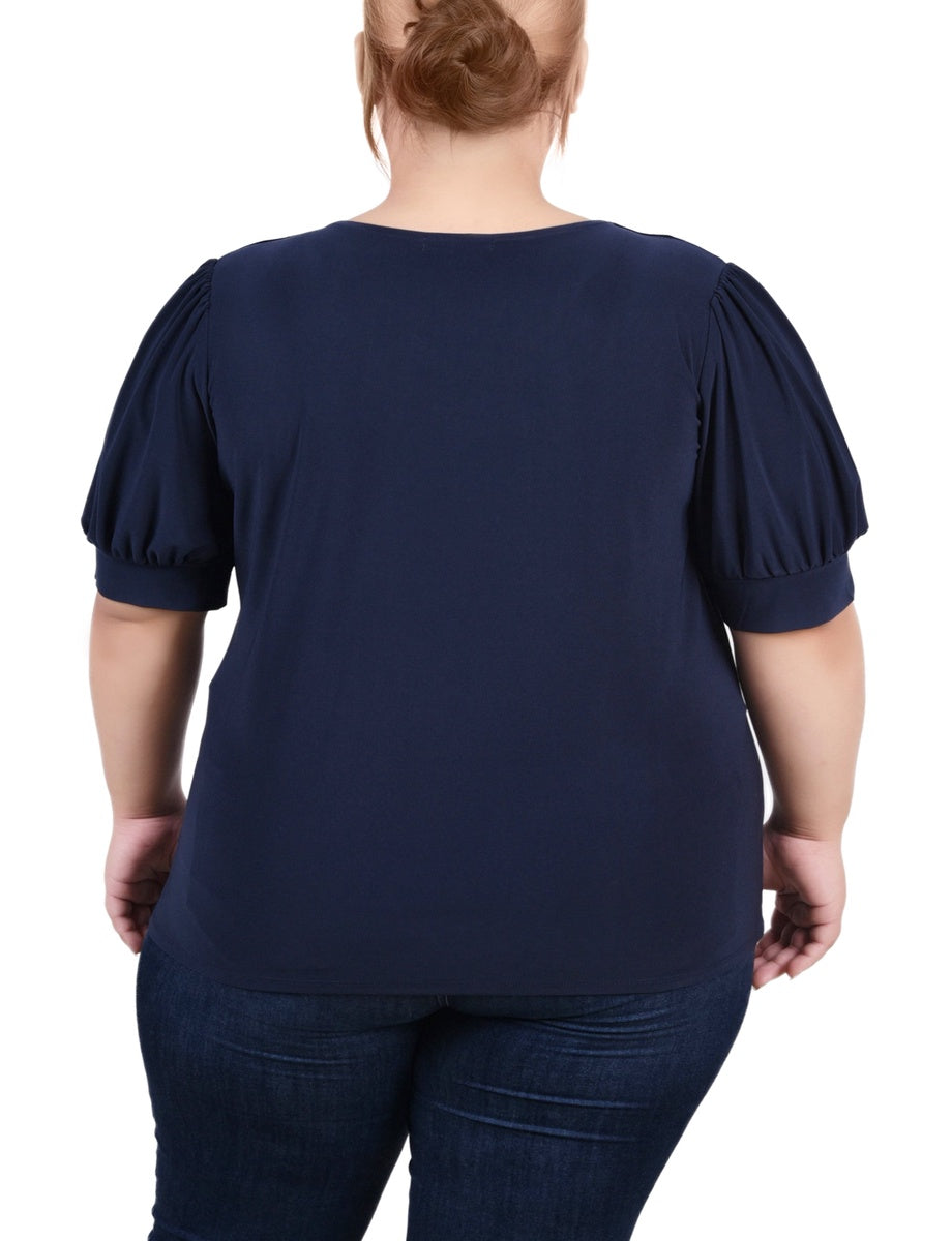  NY Collection Plus Size Short Sleeve Balloon Sleeve Top With Hardware - Bittersweet - Bonton