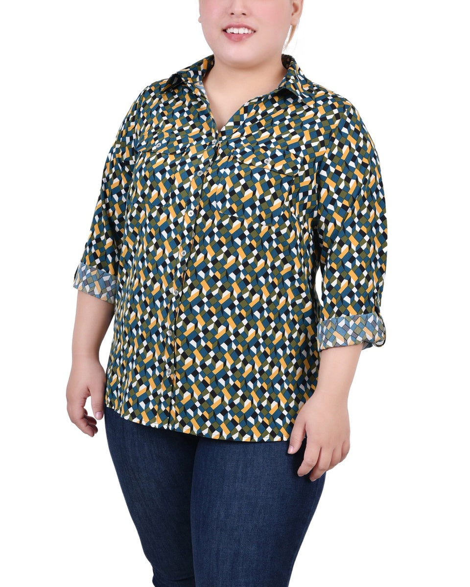  NY Collection Plus Size 3/4 Sleeve Roll Tab Notch Collar Blouse - Black And Doeskin Floral Iconi - Bonton