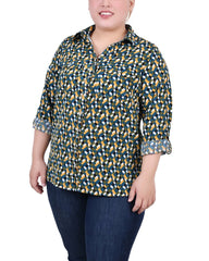 Plus Size 3/4 Sleeve Roll Tab Notch Collar Blouse