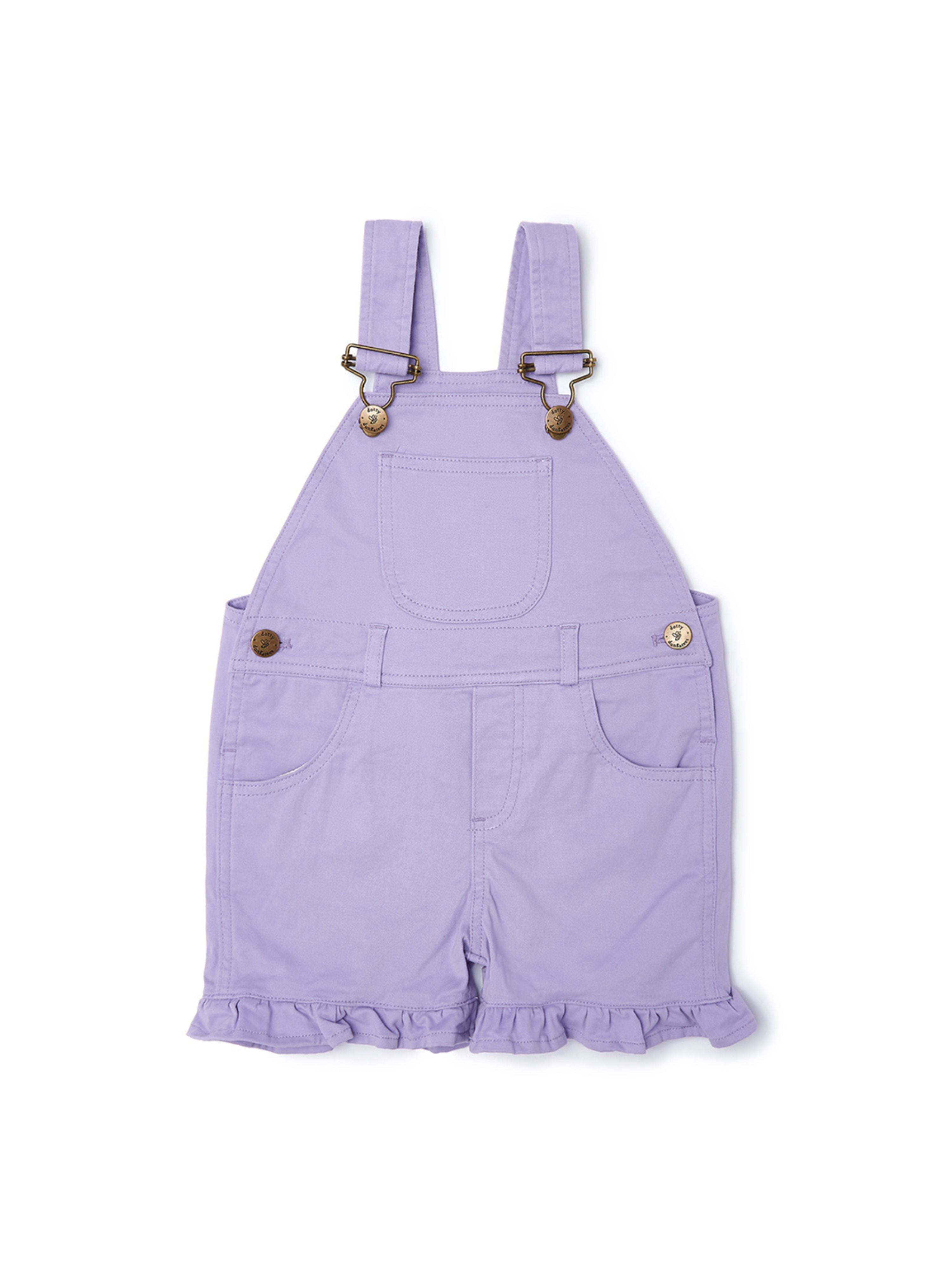  Dotty Dungarees Frilly Summer Denim Overall Shorts - Lilac - Bonton