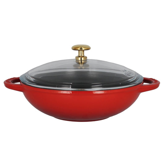 French Enameled Cast Iron Wok With Glass Lid, 7-Inch Diameter, Red