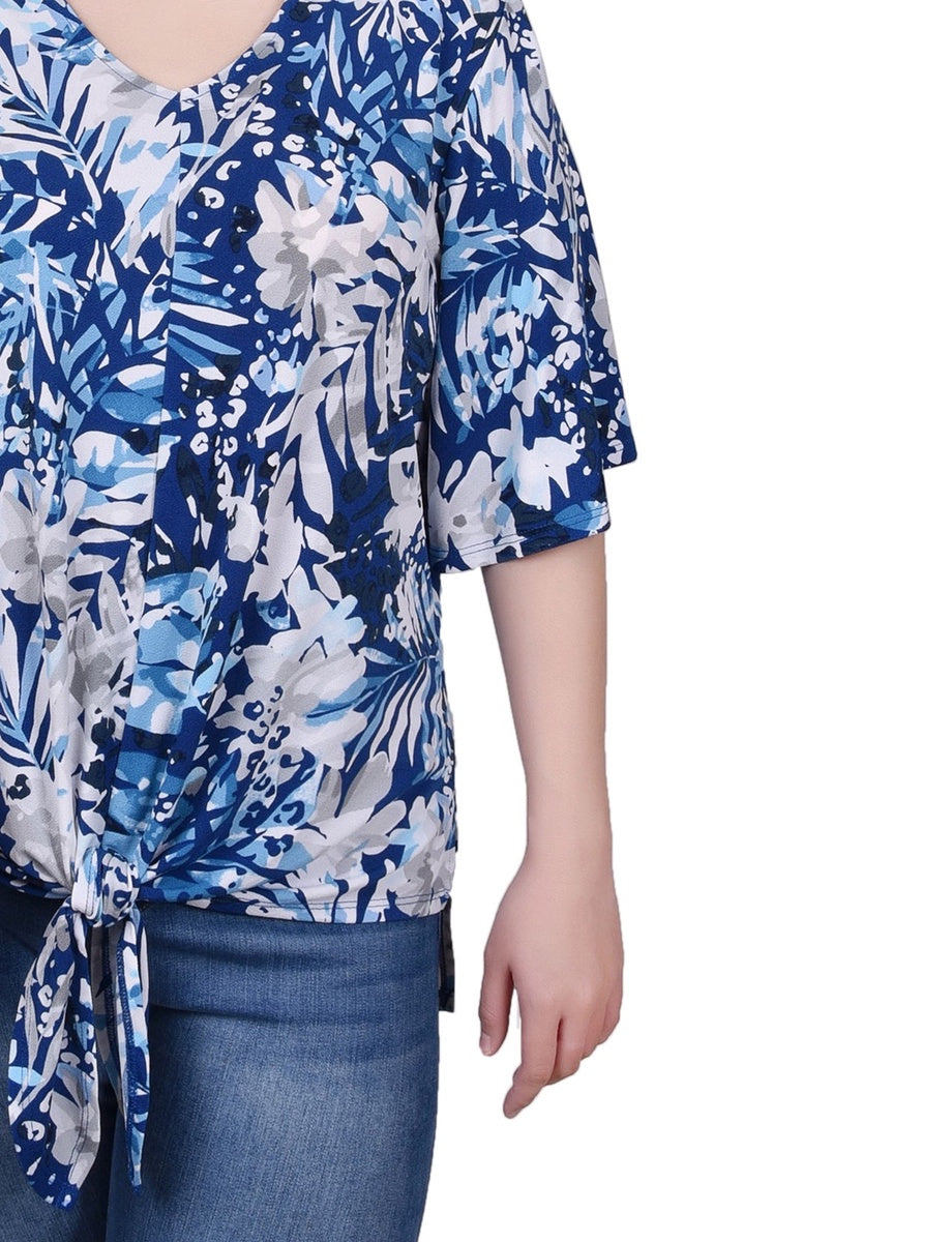  NY Collection Petite Elbow Sleeve Tie-Front Top - Blue Heron - Bonton