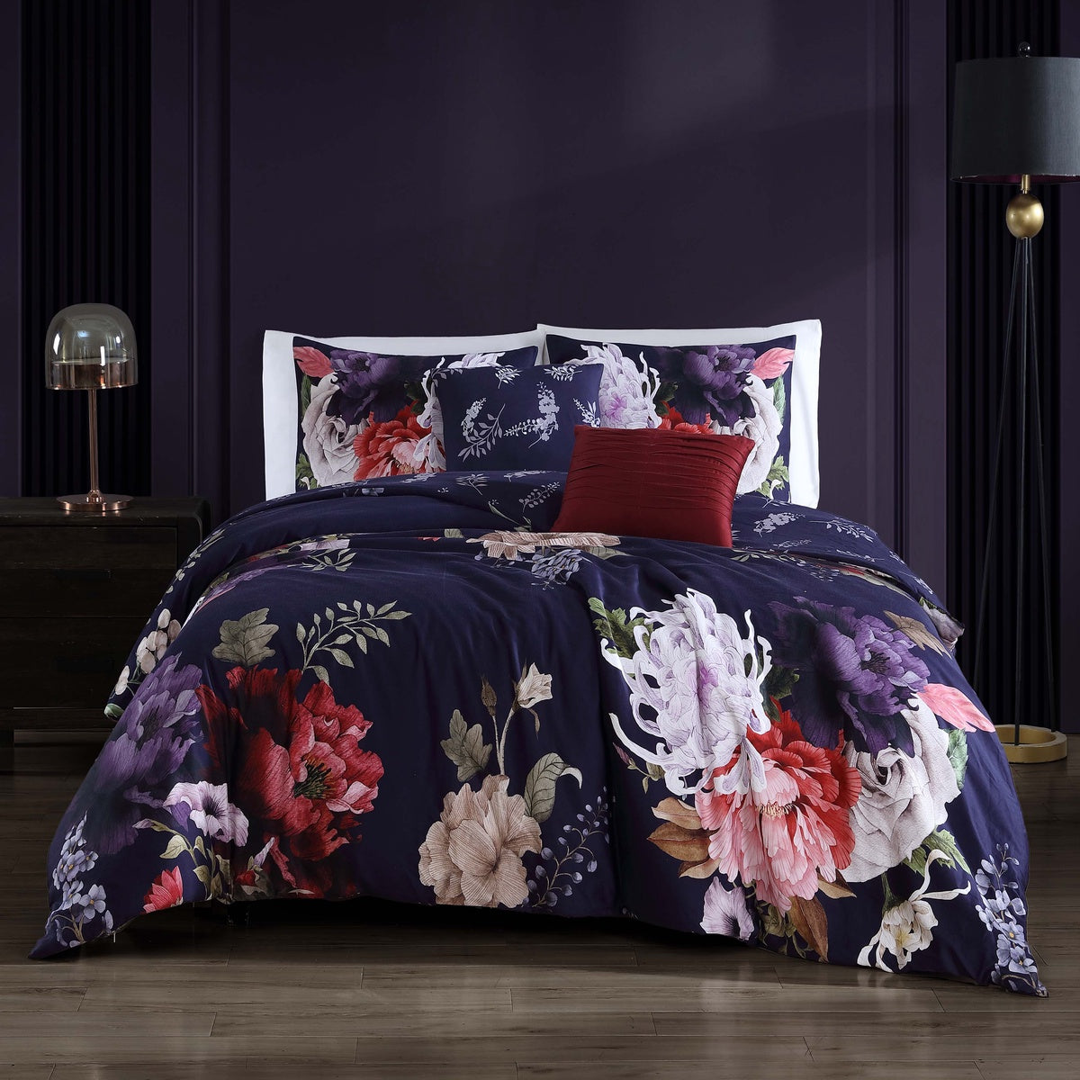  Bebejan Deep Purple Garden 100% Cotton 5-Piece Reversible Comforter Set - QUEEN - Bonton