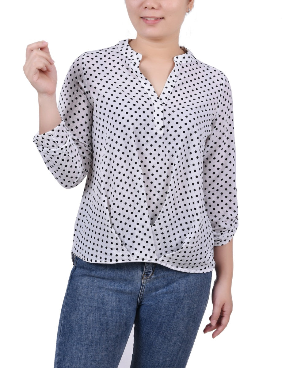  NY Collection Petite 3/4 Sleeve Mandarin Collar Blouse With Front Pleats - Black Mauve Stripe - Bonton
