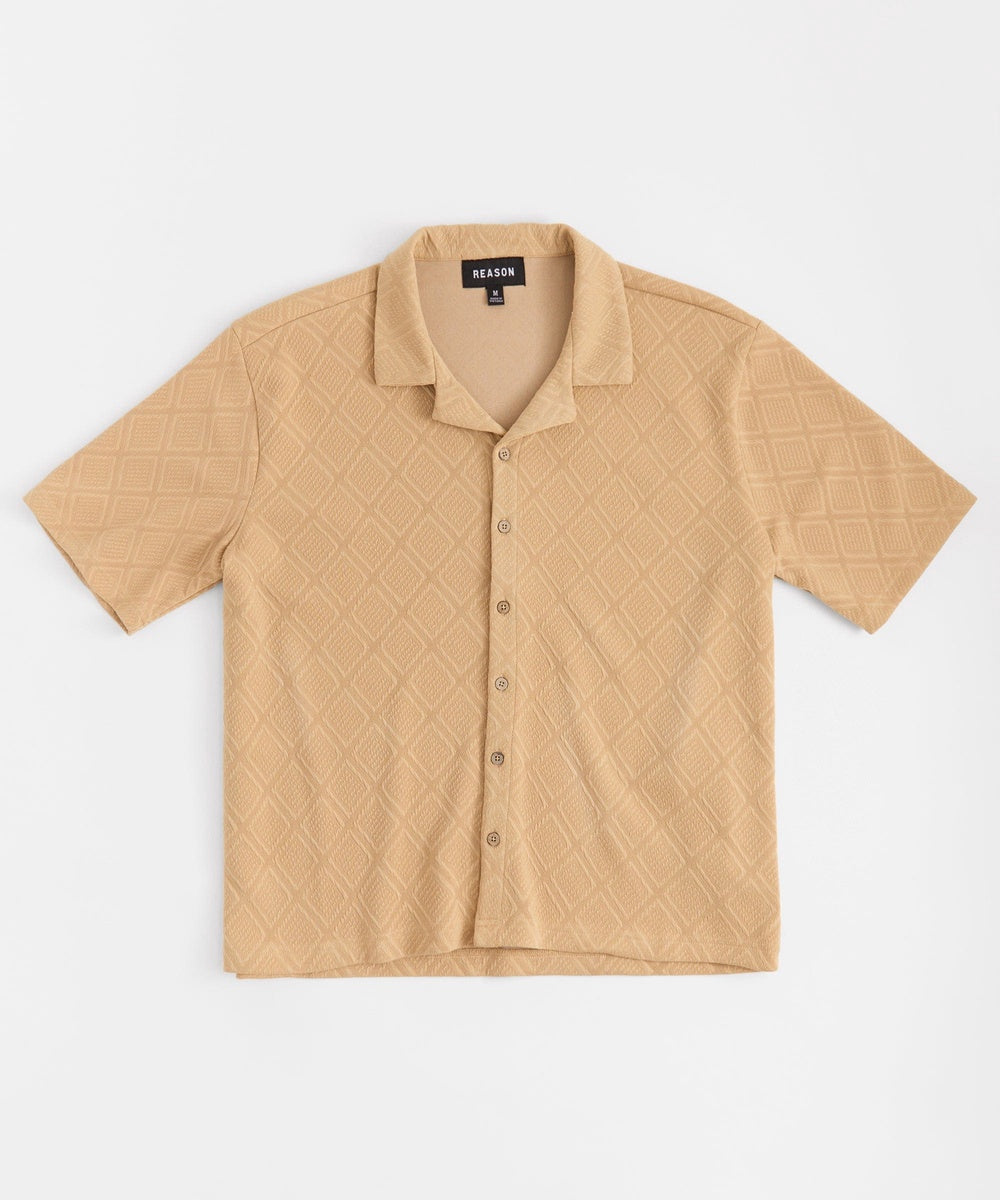  Reason Clothing Textured Knit Short Sleeve Button Down Shirt - Taupe - TAUPE - Bonton