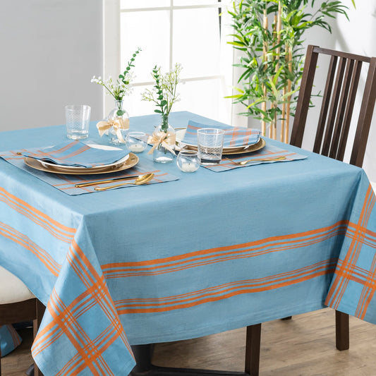 Boulevard 60" X 71" Linen Tablecloth – Denim and Terracotta