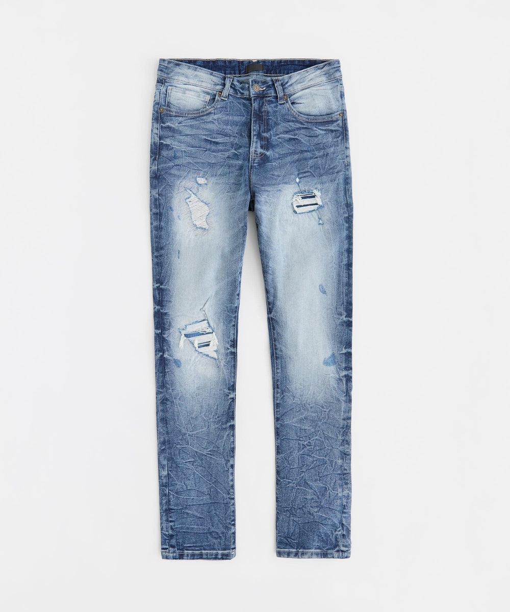  Reason Clothing Men's Skinny Rip and Repair Denim Pants - Medium Blue - MEDIUM BLUE - Bonton